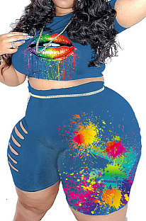 Blue Euramerican Big Size Women Fashion Casual Hole Lips Positioning Printing Plus Shorts Sets HZF57802-3