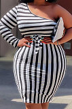 Black White Big Yards Stripe Print One Shoulder Slim Fitting Dress QSS51042-2