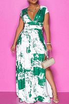 Cyan Green Summer Sexy Digital Print V Collar Split Maxi Dress SZS8047-3