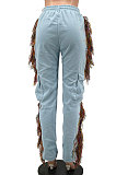 Gray Euramerican Casual Fashion Pure Color Stereoscopic Pocket Tassel Tied Long Pants MLM9076-2