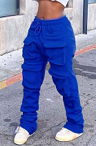 Blue Women Pure Color More Pocket Mid Waist Long Pants SMY8063-4
