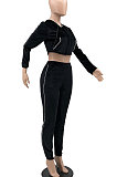 Orange Euramerican Women Casual Solid Color Long Sleeve Hooded Zipper Crop Bodycon Pants Sets MLM9077-3