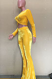 Yellow Velvet Simple Long Sleeve Round Collar Crop Top Flare Pants Solid Color Sets ORY5206