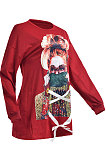 Wine Red Fashion Pattern Print Long Sleeve Loose T Shirt Dress QZ5210-13