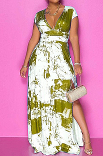 Earth Yellow Summer Sexy Digital Print V Collar Split Maxi Dress SZS8047-2