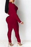 Wine Red Euramerican Women Solid Color Spliced Tight Sexy Tied Bandage Zipper Pants Sets HZF57801-2