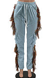Light Blue Euramerican Casual Fashion Pure Color Stereoscopic Pocket Tassel Tied Long Pants MLM9076-1