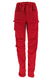 Red Women Pure Color More Pocket Mid Waist Long Pants SMY8063-1