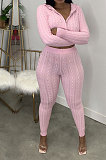 Euramerican Women Pure Color Hooded Cardigan Zipper Sweater Bodycon Pants Sets MA6738