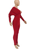 Red Women Autumn Women Solid Color V Collar Batwing Sleeve Collect Waist Back Hollow Out Bodycon Jumpsuits SMY8111-1