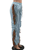 Gray Euramerican Casual Fashion Pure Color Stereoscopic Pocket Tassel Tied Long Pants MLM9076-2