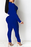 Dark Blue Euramerican Women Solid Color Spliced Tight Sexy Tied Bandage Zipper Pants Sets HZF57801-3