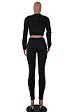 Black Euramerican Women Solid Color Zipper Long Sleeve Hooded Dew Chest Bodycon Pants Sets SMY81113-2