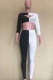 Black Wholesale Spliced Long Sleeve Hollow Out Strapless Bodycon Pants Two-Piece ORY5205