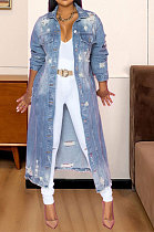 Light Blue Trendy Women Hole Long Sleeve Cardigan Jeans Coat JLX6083
