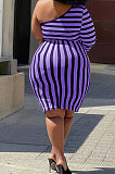 Purple Big Yards Stripe Print One Shoulder Slim Fitting Dress QSS51042-1
