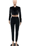 Pink Euramerican Women Casual Solid Color Long Sleeve Hooded Zipper Crop Bodycon Pants Sets MLM9077-2