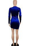 Blue Euramerican Women Sexy Korea Velvet Fashion Double Zipper Long Sleeve Autumn Winter Pure Color Mini Dress SH7281-3