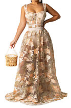 Apricot Women Sexy Condole Belt Embroidered Net Cloth Fashion Jumpsuits Skirts Sets YF9037B