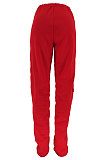 Red Women Pure Color More Pocket Mid Waist Long Pants SMY8063-1
