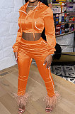 Orange Euramerican Women Casual Solid Color Long Sleeve Hooded Zipper Crop Bodycon Pants Sets MLM9077-3