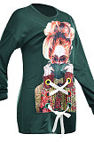 Green Fashion Pattern Print Long Sleeve Loose T Shirt Dress QZ5210-2