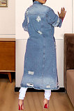 Light Blue Trendy Women Hole Long Sleeve Cardigan Jeans Coat JLX6083