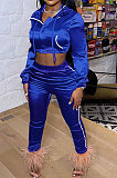 Peacock Blue Euramerican Women Casual Solid Color Long Sleeve Hooded Zipper Crop Bodycon Pants Sets MLM9077-5