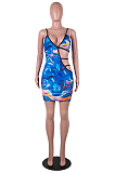 Lake Blue Tie Dye Digital Print Condole Belt Hollow Out Sexy Mini Dress SZS8049-4