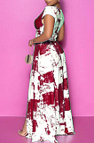 Wine Red Summer Sexy Digital Print V Collar Split Maxi Dress SZS8047-1