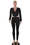 Black Euramerican Women Solid Color Zipper Long Sleeve Hooded Dew Chest Bodycon Pants Sets SMY81113-2