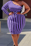 Orange Big Yards Stripe Print One Shoulder Slim Fitting Dress QSS51042-3