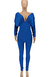 Blue Women Autumn Women Solid Color V Collar Batwing Sleeve Collect Waist Back Hollow Out Bodycon Jumpsuits SMY8111-3
