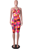Pink Wholesale Summer Digital Print Condole Belt Back Cross Ruffle Romper Shorts SZS8069-2