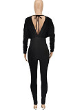 Black Women Autumn Women Solid Color V Collar Batwing Sleeve Collect Waist Back Hollow Out Bodycon Jumpsuits SMY8111-2