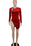 Red Euramerican Women Sexy Korea Velvet Fashion Double Zipper Long Sleeve Autumn Winter Pure Color Mini Dress SH7281-2