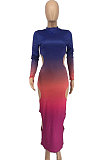 Drak Blue Gradient Long Sleeve High Neck Hollow Out Slim Fitting Maxi Dress ZDD31162-2