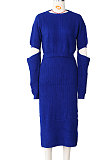 Royal Blue Winter New Solid Color Woolen  Long Sleeve Round Neck Sweater High Waist Slit Hip Skirts Sets  ZS079-4