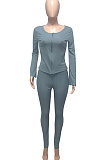 Blue Gray Euramerican Women Autumn Winter Ribber Pure Color Zipper Cardigan Bodycon Long Pants Sets Q939-1