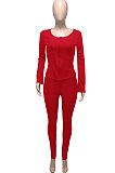 Red Euramerican Women Autumn Winter Ribber Pure Color Zipper Cardigan Bodycon Long Pants Sets Q939-2