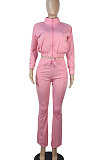 Bare Pink Women Solid Color Long Sleeve Cardigan Zipper Sport Flare Leg Pants Sets LML163-1