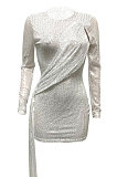 White Women Club Party Sequins Hollow Out Streamer Pure Color Mini Dress Q947-1