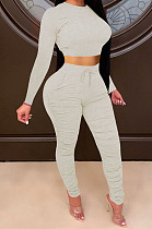 Light Gray Women Autumn Winter Pure Color Ruffle Long Sleeve Pants Sets QQM4335-9