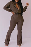Gray Women Solid Color Long Sleeve Cardigan Zipper Sport Flare Leg Pants Sets LML163-2