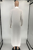 White Women Long Sleeve Pure Color POLO Collar High Split T Shirt/Shirt Dress RMH8942