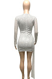White Women Club Party Sequins Hollow Out Streamer Pure Color Mini Dress Q947-1