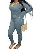 Blue Gray Euramerican Women Autumn Winter Ribber Pure Color Zipper Cardigan Bodycon Long Pants Sets Q939-1
