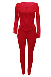 Red Euramerican Women Autumn Winter Ribber Pure Color Zipper Cardigan Bodycon Long Pants Sets Q939-2