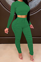 Green Women Autumn Winter Pure Color Ruffle Long Sleeve Pants Sets QQM4335-5