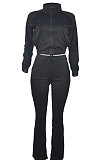 Gray Women Solid Color Long Sleeve Cardigan Zipper Sport Flare Leg Pants Sets LML163-2